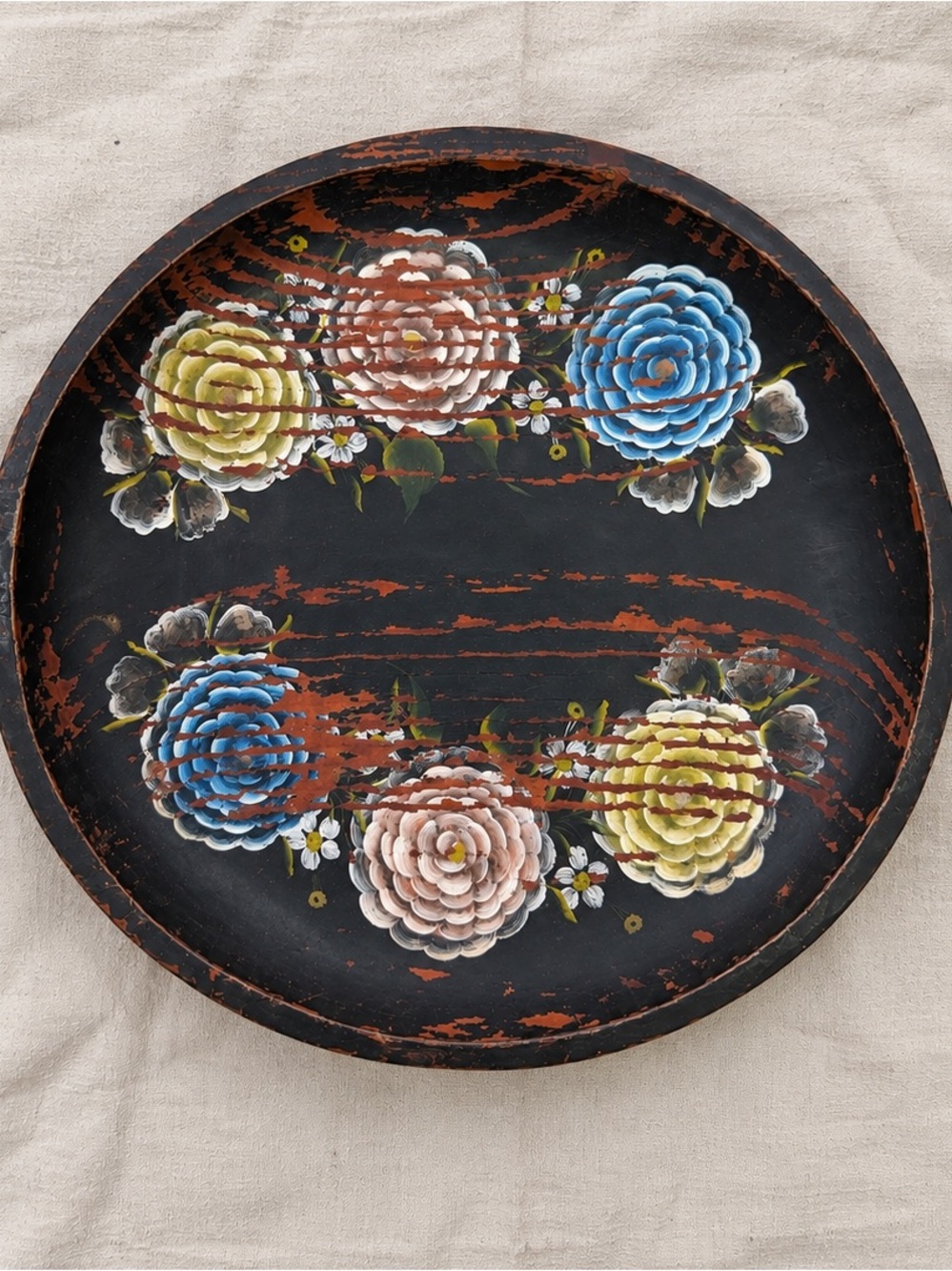 Vintage 1960s Black Rustic Hand Painted Wood Floral Wall Tray Folk Art
